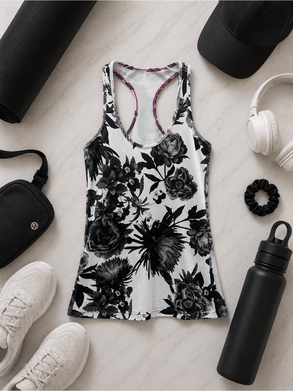 Lululemon Cool Racerback Tank Brisk Bloom Black White Size 4